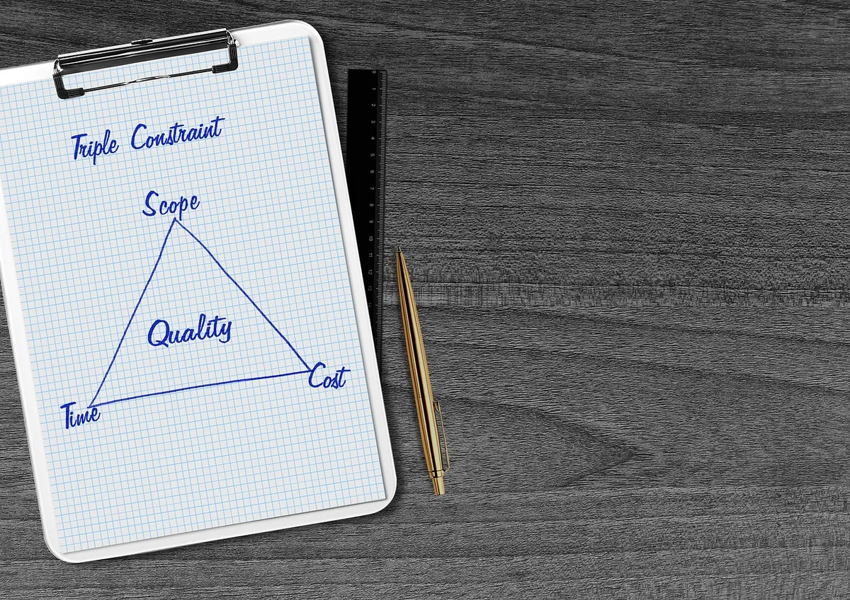 triangle, quality, time, cost, efficiently, business, projects, drawing, profit, paper, ballpoint pen, table, terminal board, optimization, management, budget,