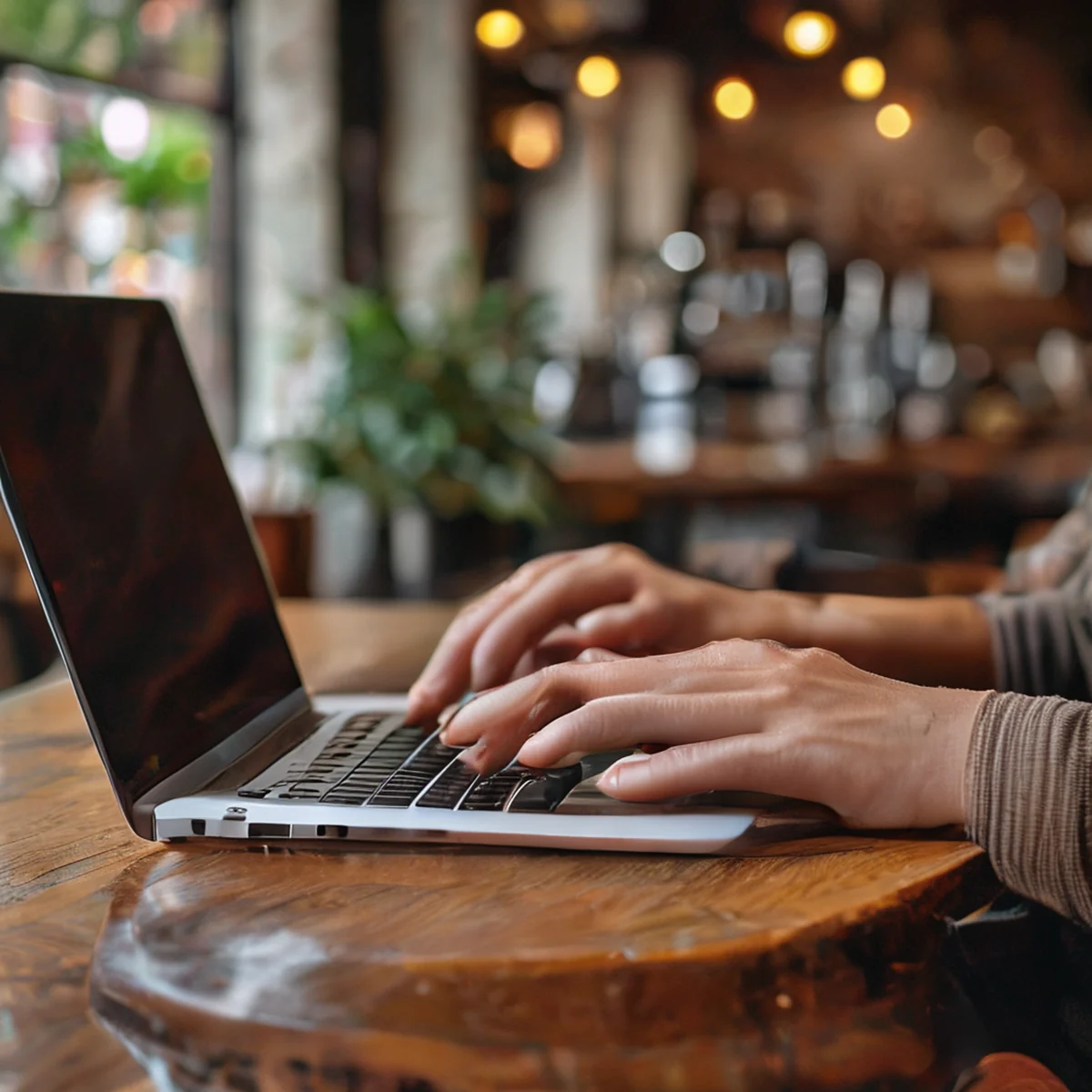 In een café, handen typen op laptop