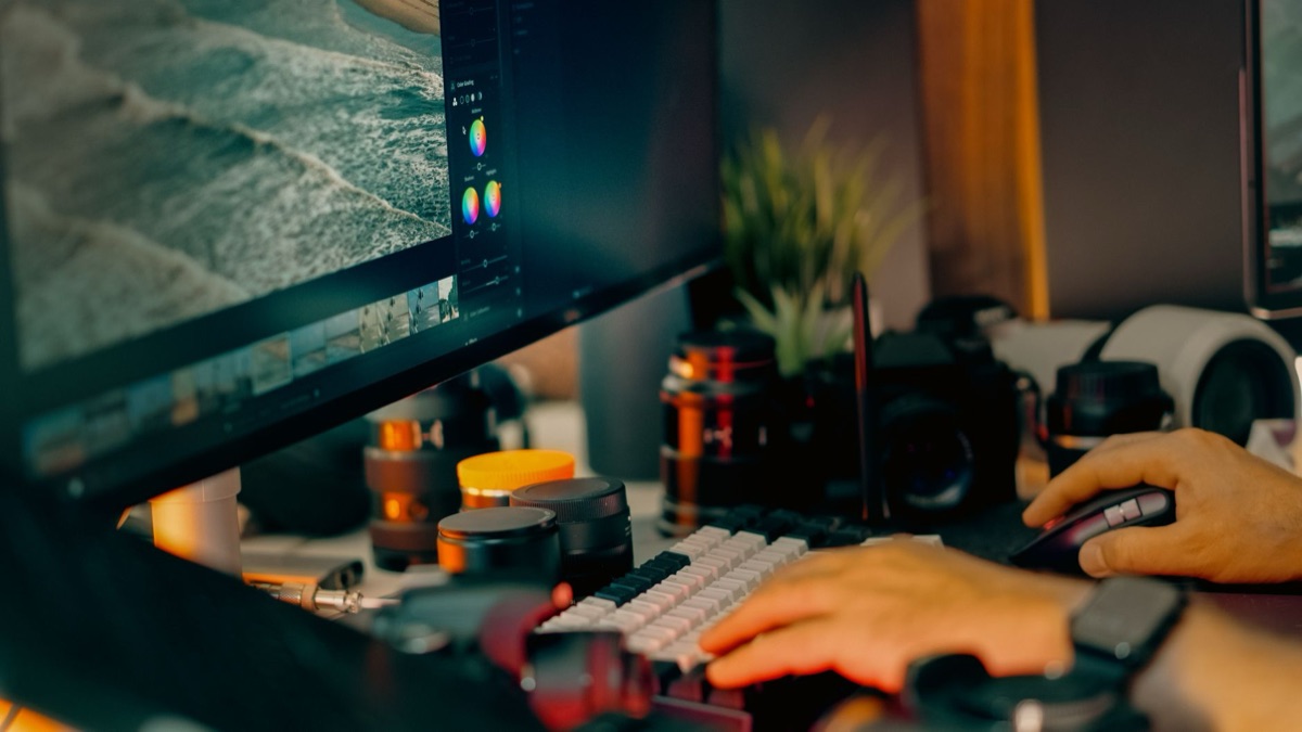 AI content creation tools setup in a modern workspace