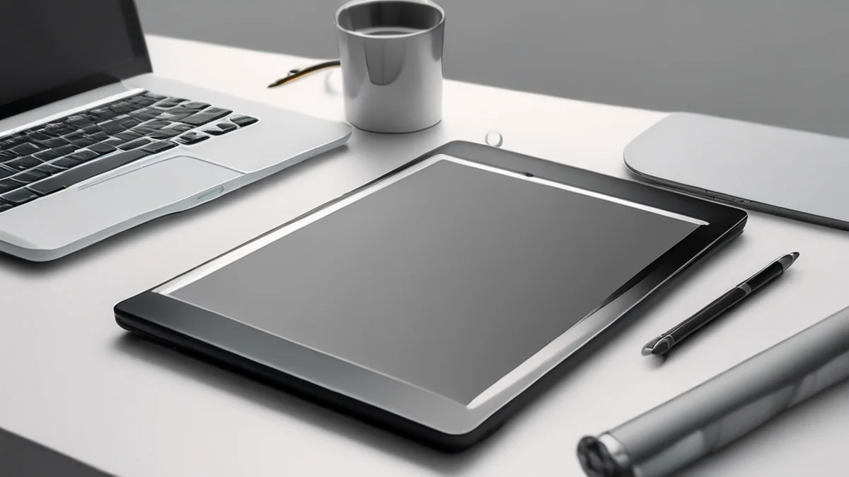 Desk with tablet and stylus arranged neatly