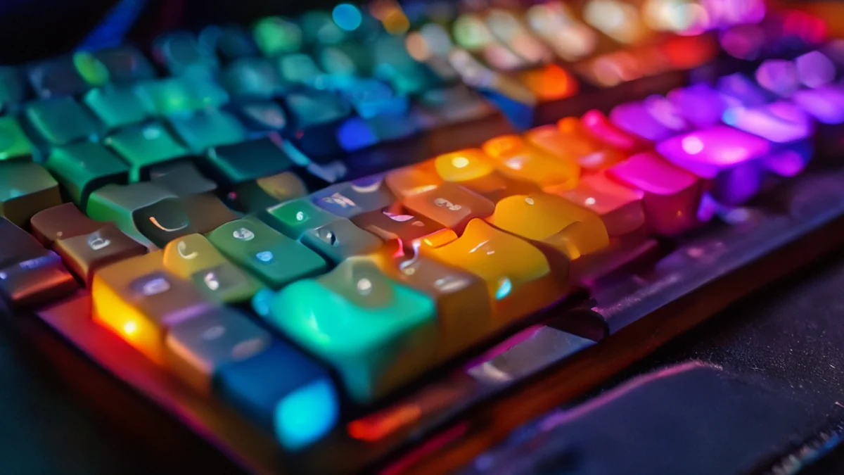 Teclado da gioco con interruttori meccanici e effetti di luce RGB.