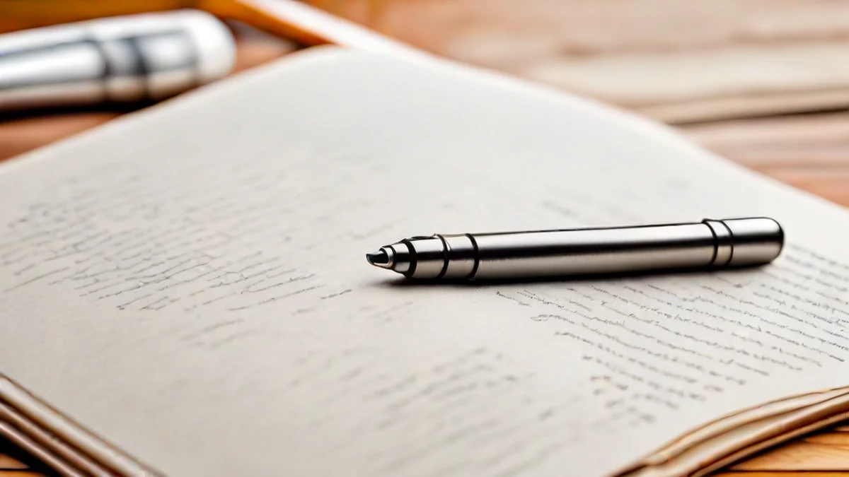 A fountain pen and a notebook placed on a desk.