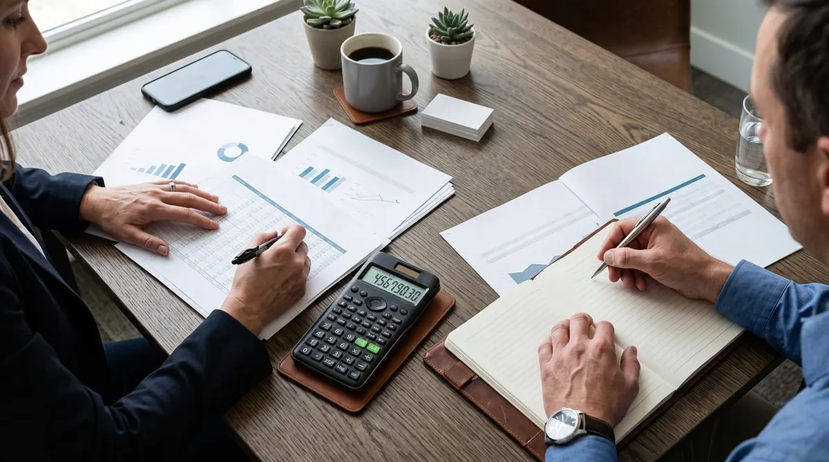 office, documents, calculator, meeting, business, desk, notepad, writing, spreadsheet, coffee, man, woman, office work, strategy, overview, analysis, finance, c