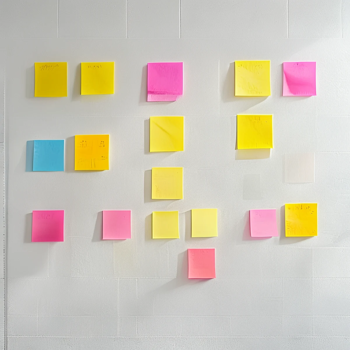  Sticky notes on a white wall, organized in clusters.