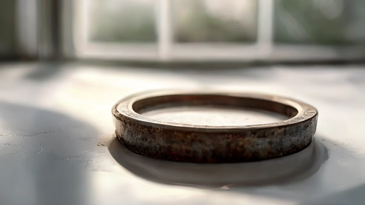 Tuerca de acero, oxidada, circular, sobre una mesa blanca, bajo luz suave de la ventana, profundidad de campo baja, fotorealista, enfoque neto, detalles altos